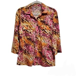 Vintage Peck & Peck Weekend Retro Printed Button Down Blouse Top Size M